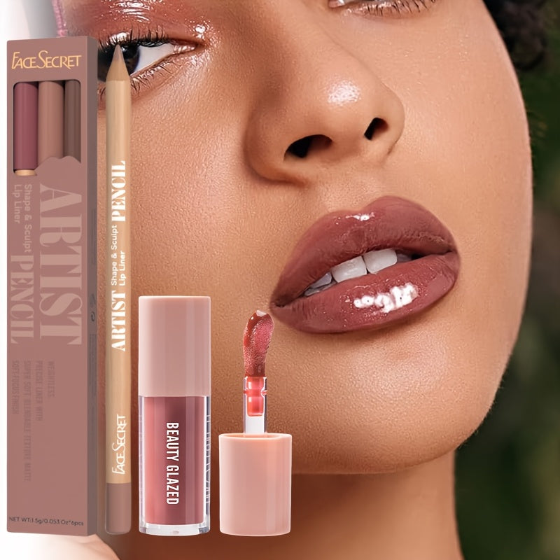 4pack/Set Long Wear High Shine Lip Gloss Combo - Moisturizing Fresh Lightweight Plumping Lip Gloss for Women with Brown Lip Liner Set Non-Sticky Liquid Lipstick