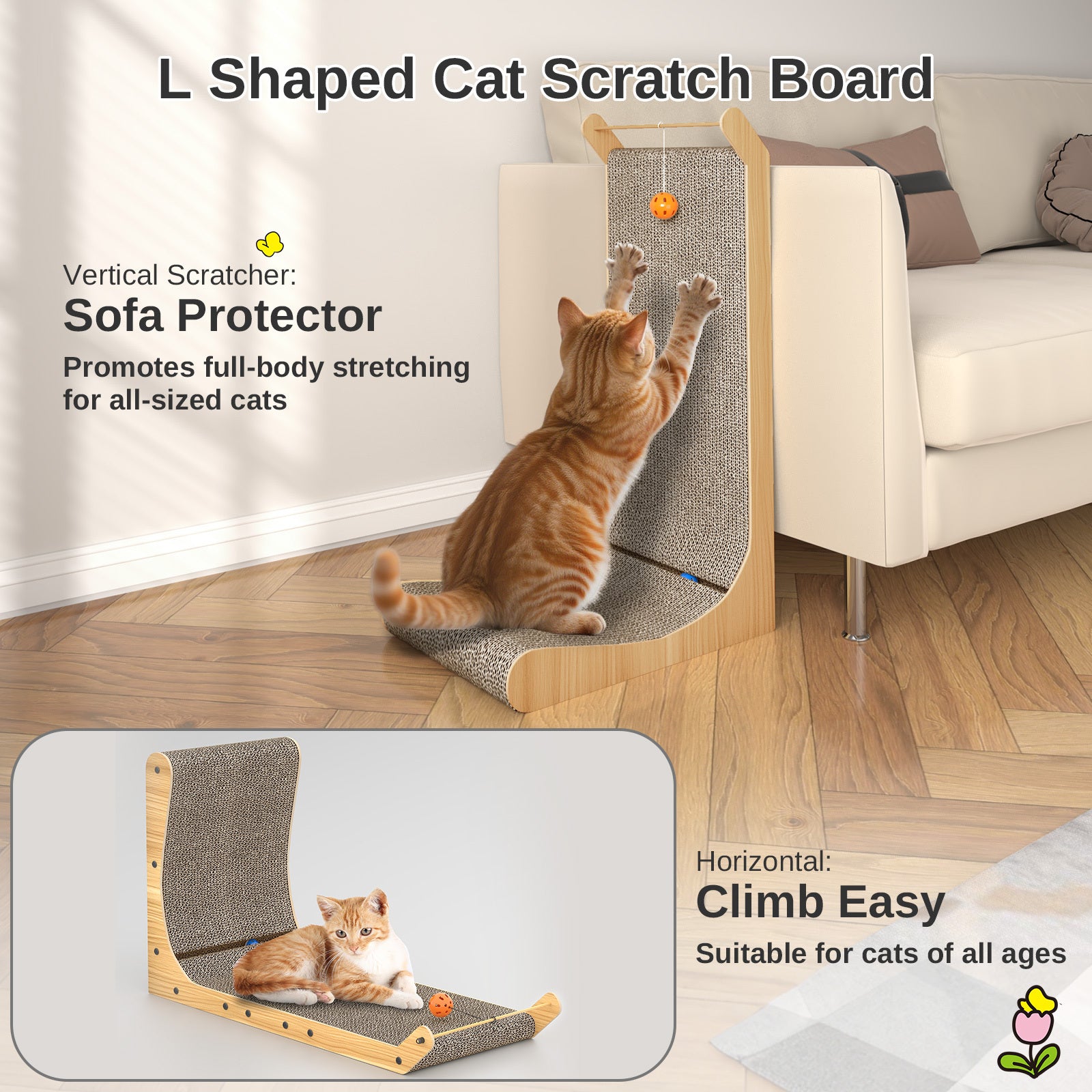 L-Shaped Cat Scratcher Cardboard Cat Scratching Post with Ball, Sofa Protector for Indoor Cats, Durable Corrugated Cat Scratch Board for Kittens & Adult Cats
