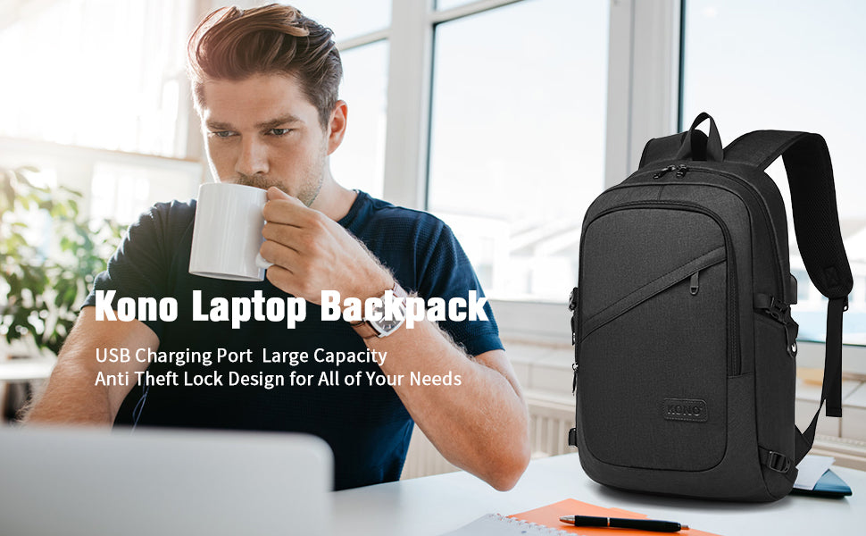 Kono Anti-Theft Laptop Backpack - 15.6 Inch Lightweight Laptop Bag for Men & Women - USB Charging Port, Travel, Business, Work.
