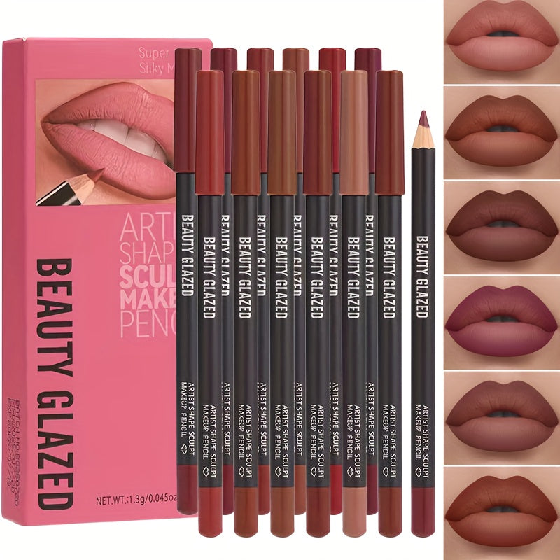12-Shade Waterproof & High-Pigmented Matte Lip Liner Set - Long-Lasting Creamy Gel Pencil Lip Makeup with Sharp Tip for Precise Application, All Light Beige Tones (Pink, Brown, Red, Purple, Black, Nude, Burgundy, Deep Reds, M