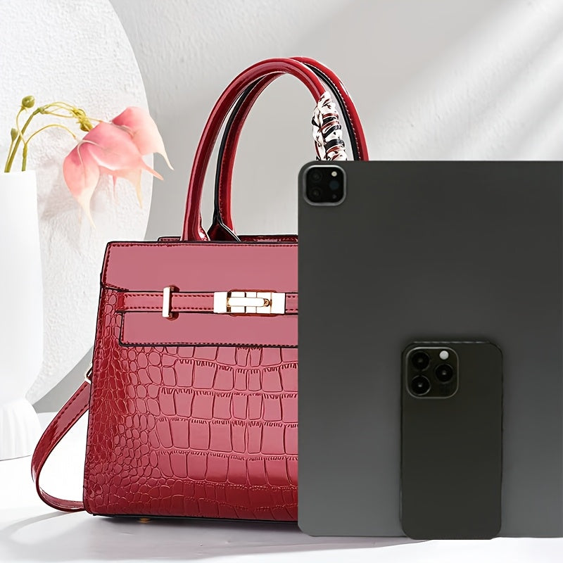 CHROSGEKEIDI Women's Luxury Crocodile-Texture Handbag - Adjustable Crossbody/Shoulder Strap, Golden-Tone Hardware, Zipper Closure, Structured Tote - Elegant Black Purse for Work, Travel, Everyday Use - Durable & Versatile Des