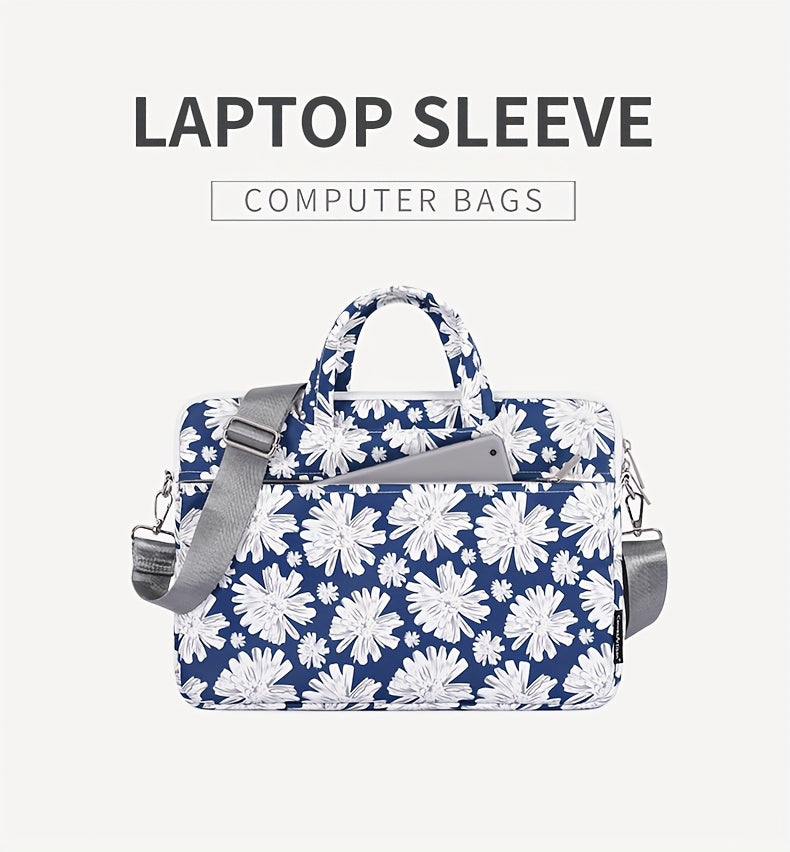 Shockproof Laptop Briefcase with Detachable Strap & Adjustable Shoulder Strap - Floral Print, Zipper Closure, Lining, Casual Style for Daily Commute & Travel