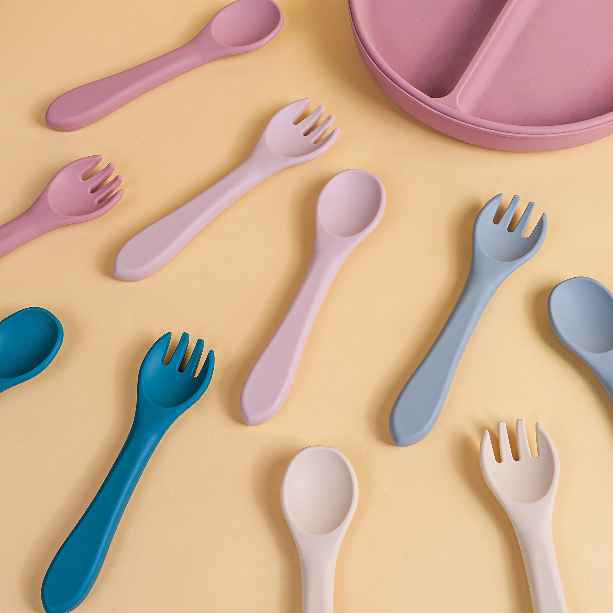 TYRY.HU Customizable Baby Fork and Scoop Sets, 100% Silicone, BPA FREE, Toddler Baby Led Weaning Silverware Cutlery Flatware, Kids First Self Feeding, with Blue, Beige, Space Gray, Deep Pink, Green and Pink Options, for Newbo