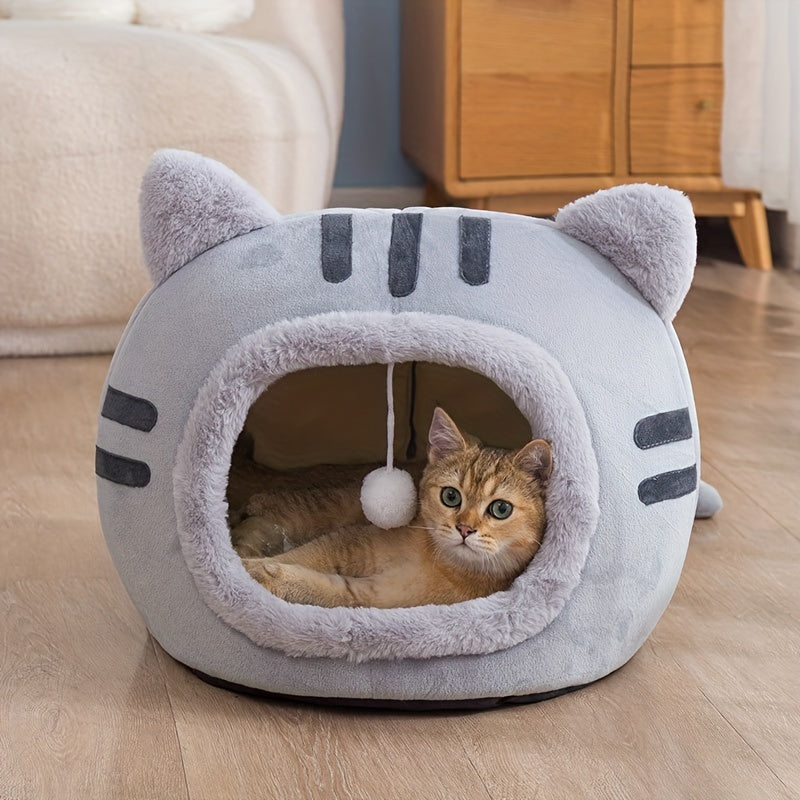 Four Seasons Warm and Soft Semi-closed Cat House, Non Slip Bottom Cat Shaped Cat Bed for Puppy Pet Bed