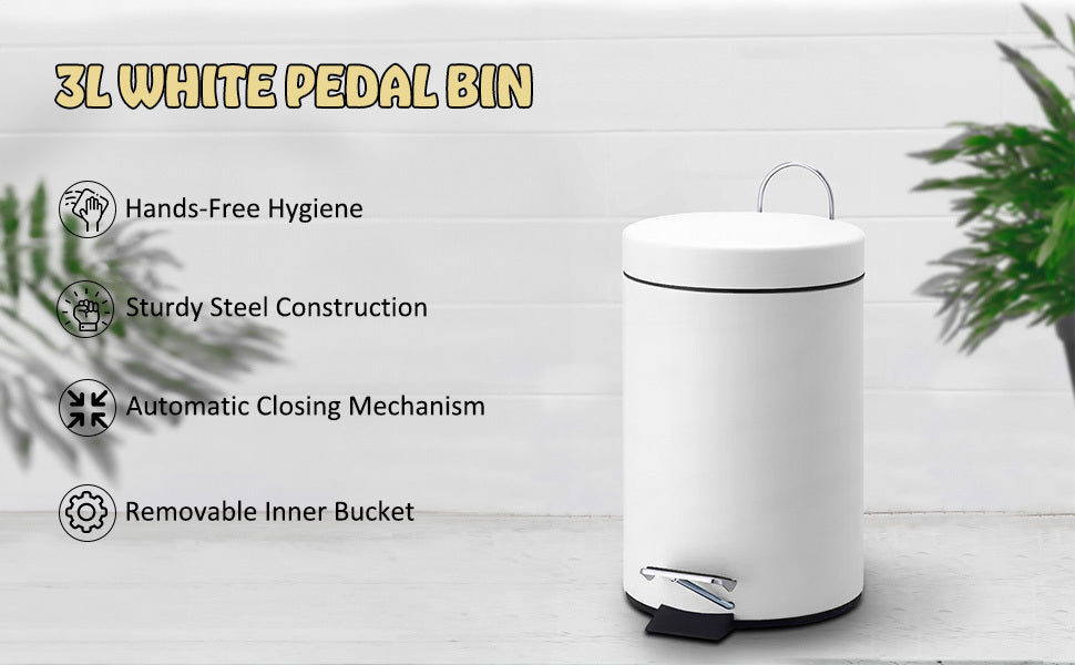 3 Litre Pedal Bin, Bathroom Bin for Rubbish and Waste-Stainless Steel Small Toilet Bin, Inner Removable Plastic Bucket-Ideal Size for Bedroom Toilet Waste