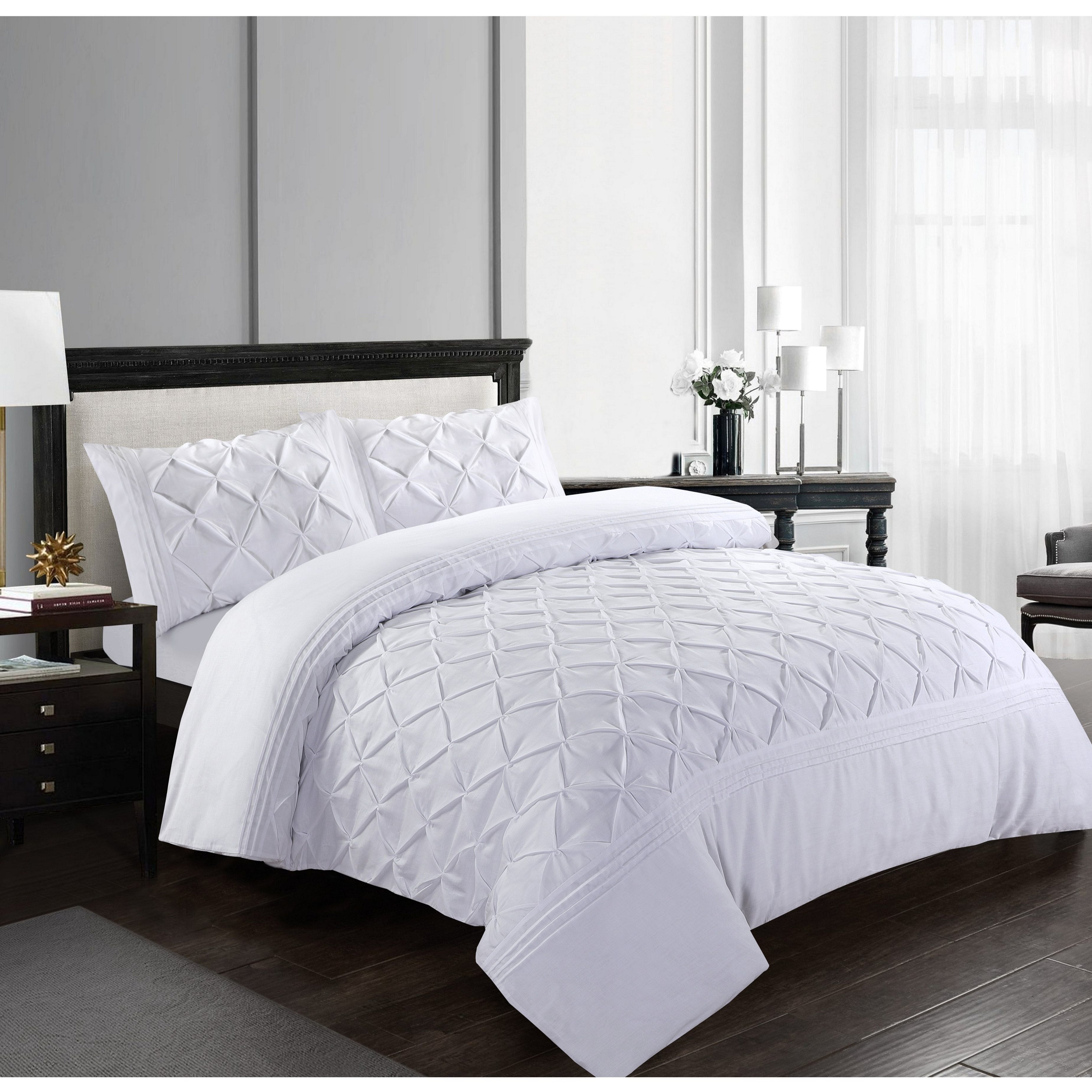 Luxury Pintuck Duvet Cover Set Double King Super King Soft Microfiber Pinch Pleat Bedding Set with Pillowcases White Silver Charcoal Pink