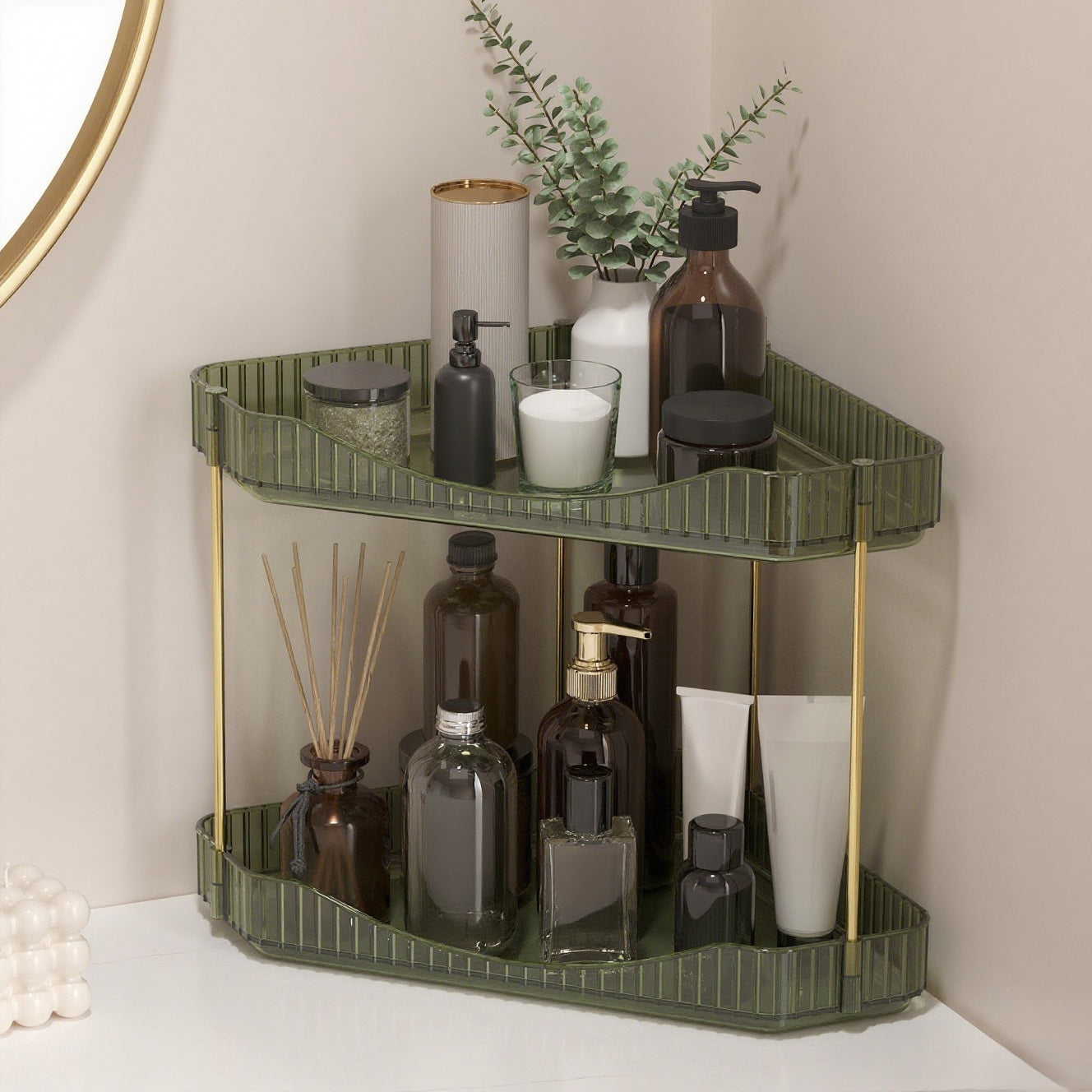 Bathroom Organiser Countertop Storage, Plastic Makeup Skincare Organiser, Vanity Perfume Trays Counter Shelf, Corner Shower Caddy, Corner Storage in Dresser, Bedroom, Kitchen