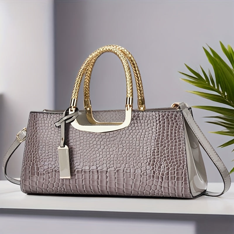 Elegant Evening Clutch, Made of Crocodile-Patterned with Golden Hardware And a Detachable Shoulder Strap - a Stylish Handbag for Parties, Weddings, And Formal Events, Luxurious Women'S Bag with a Glossy Stone-Textured Crocodi