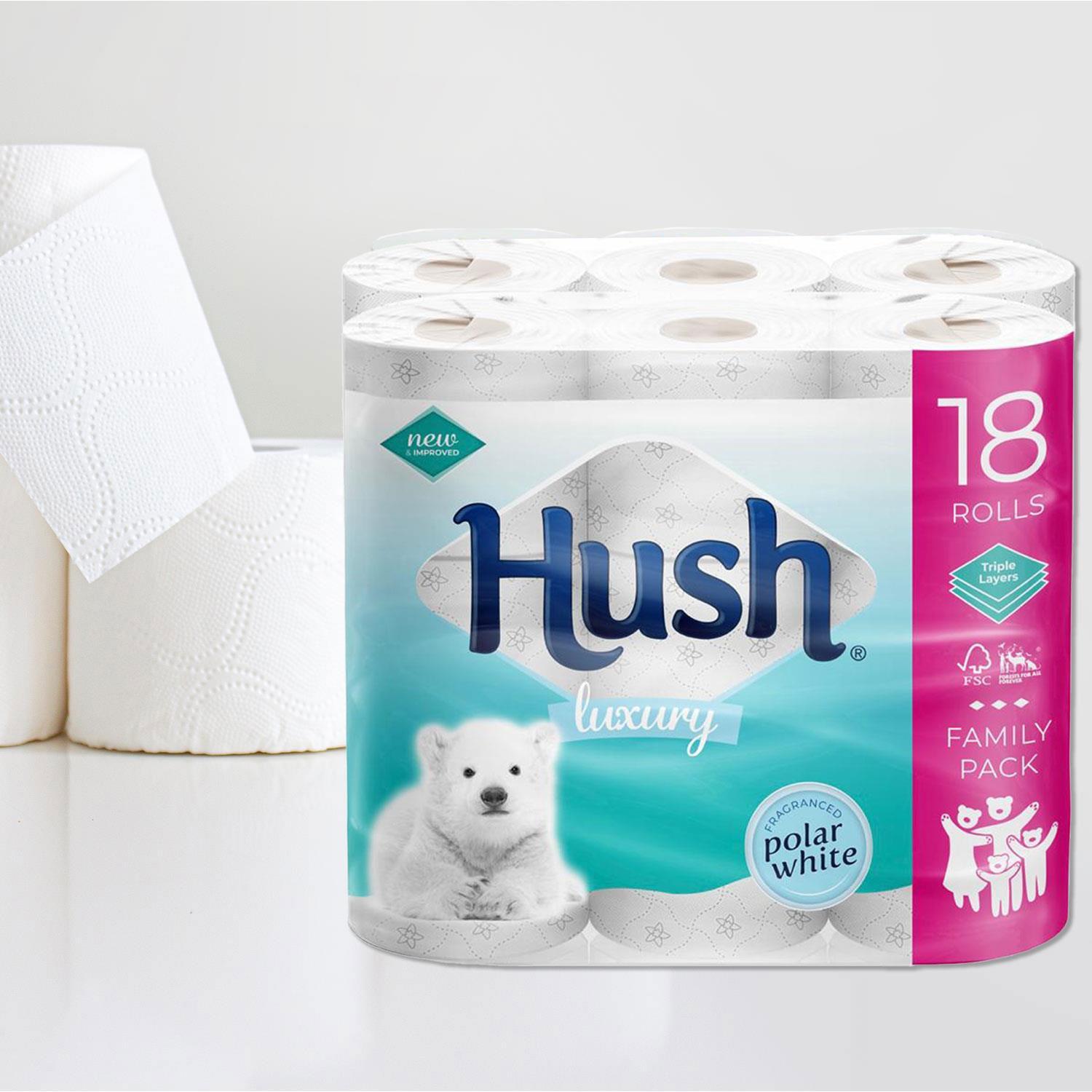 Hush White or Shea Butter Scented Core 3-Ply Luxury Bathroom Tissue, 18 Rolls
