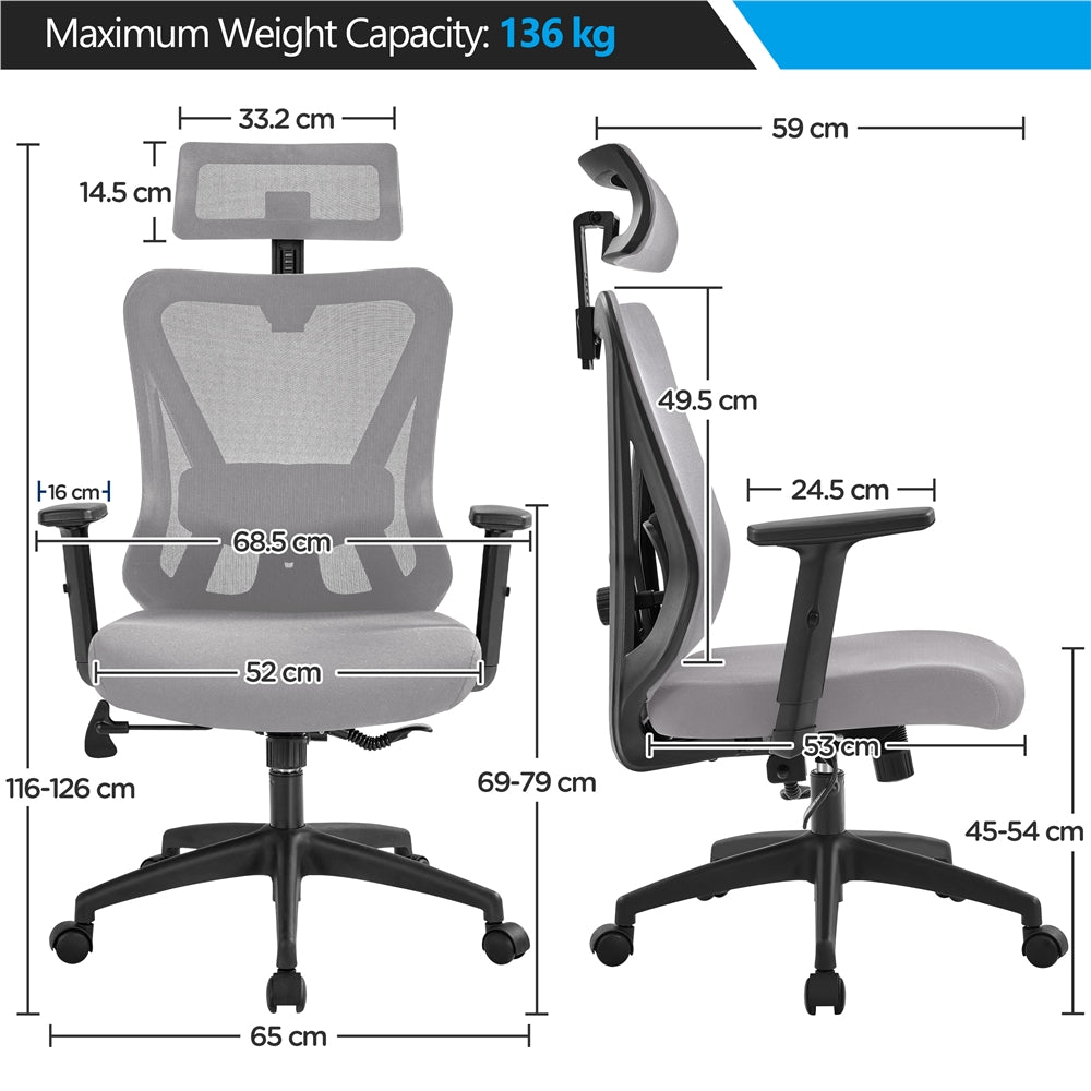 Costoffs Office Chair, High Back Mesh Office Chair, Home Office Desk Chair, Work Chair, Comfy Desk Chair, Gaming Chair, Computer Chair with Multi-adjustable Headrest, Flexible Lumbar Support for Home, Office, Black/Light Gray
