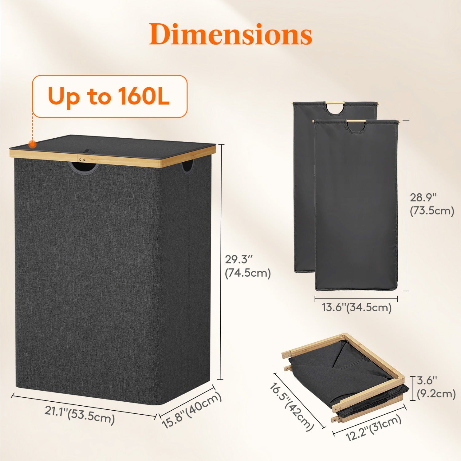 Laundry Basket with Lid Handles, 160L Laundry Hamper with Lid, Tall Foldable Dirty Clothes Hamper for Laundry Room, Bathroom, Dorm, Bedroom