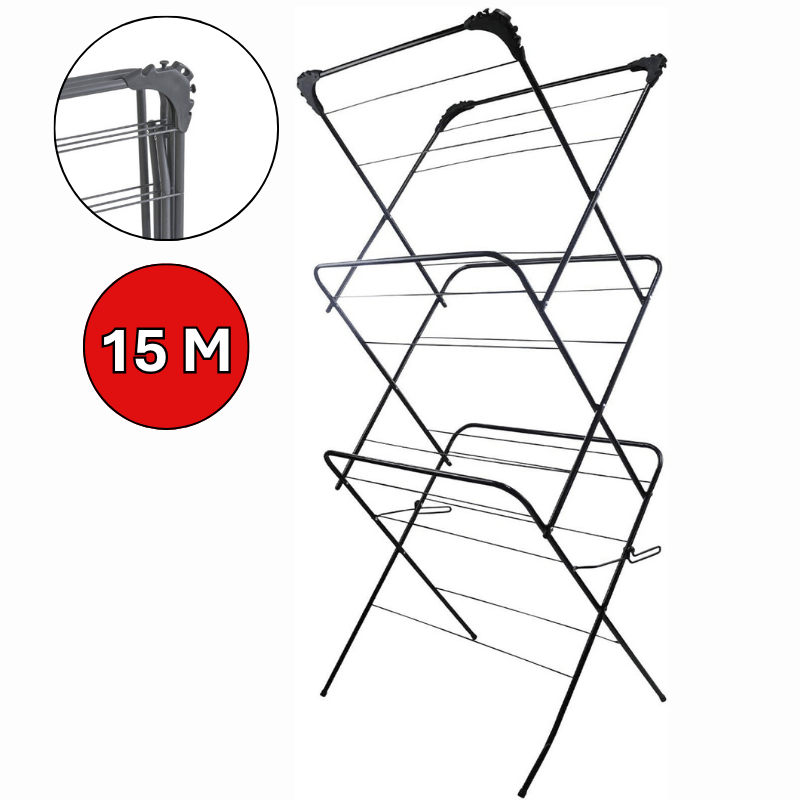 3 Tier Foldable Airer Clothes Drying Laundry Rack with Corner Hanger Slots Portable Indoor & Outdoor Airer, 15m Wash Line Rails Non Slip Feet,5.5cm Folded Space Saving Design, Grey