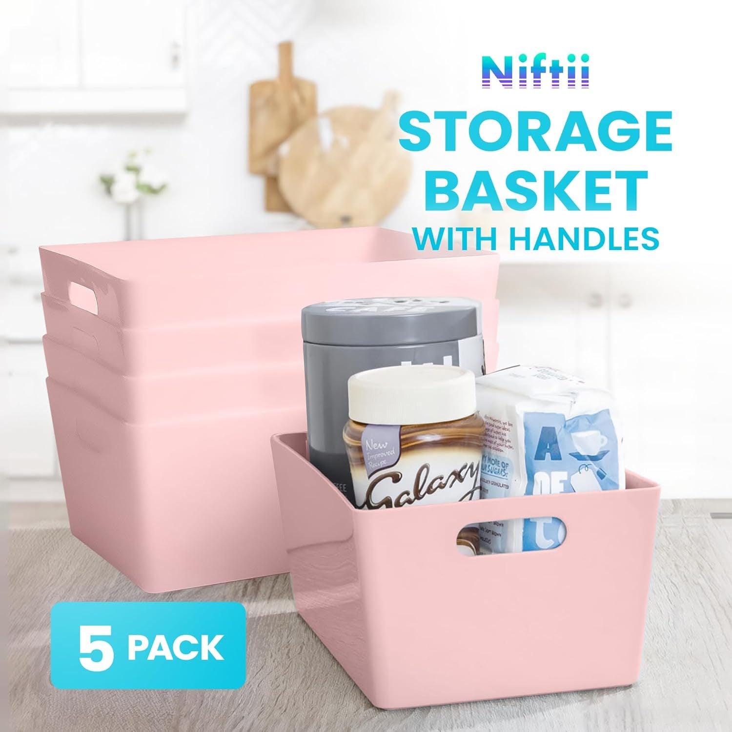 Niftii 5-Pack Plastic Storage Baskets with Sturdy Handles, Lightweight & Durable Design, Ideal for Kitchen, Bathroom, and Cleaning Organisation, 3.9L Capacity, 17 x 25 x 11cm