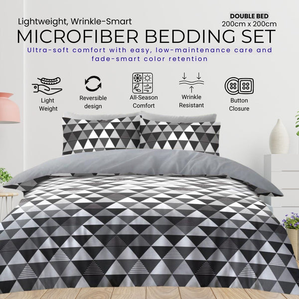 Luxury Microfiber Duvet Cover Bedding Set with Pillow cases | Lightweight, Ultra-Soft & Wrinkle-Resistant Comforter Cover Featuring Modern Black & Grey Geometric Triangle Pattern with Secure Button Closure | Available in Doub