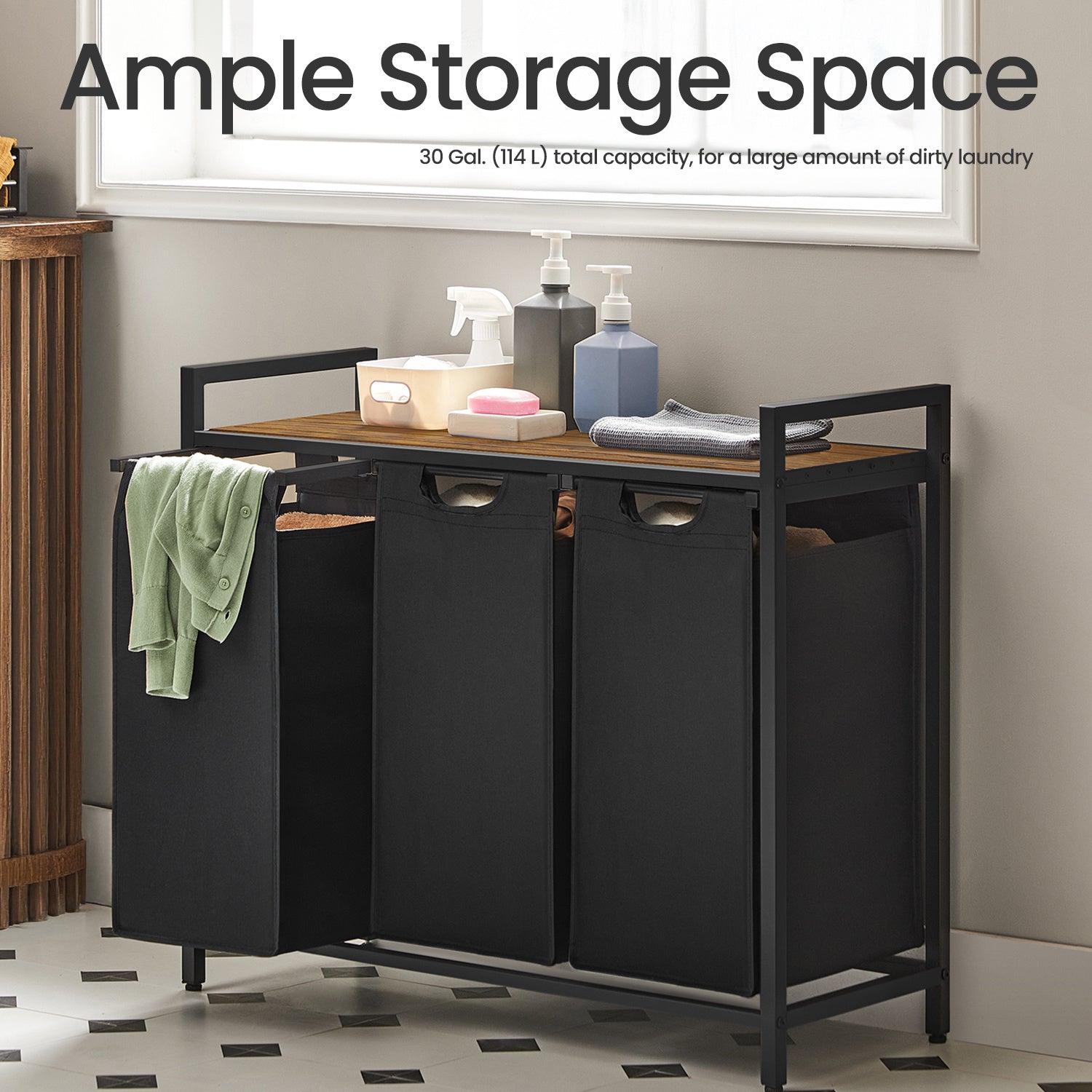 Laundry Basket, 3-Compartment Laundry Hamper, Freestanding Clothes Hamper, Laundry Bag Stands Up Well, Removable Laundry Bags, Laundry Sorter, Shelf, Metal Frame, 3 x 38 L, Black/White/Grey