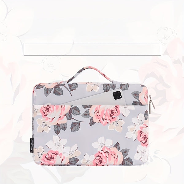 Canvas Artisan Floral Laptop Sleeve Case - Shockproof, Hand-Held Briefcase with Zipper Closure for MacBook, Acer, and More - Stylish Gray with Pink & Black Floral Design, Lightweight & Durable for Daily Commute, Vacation, or