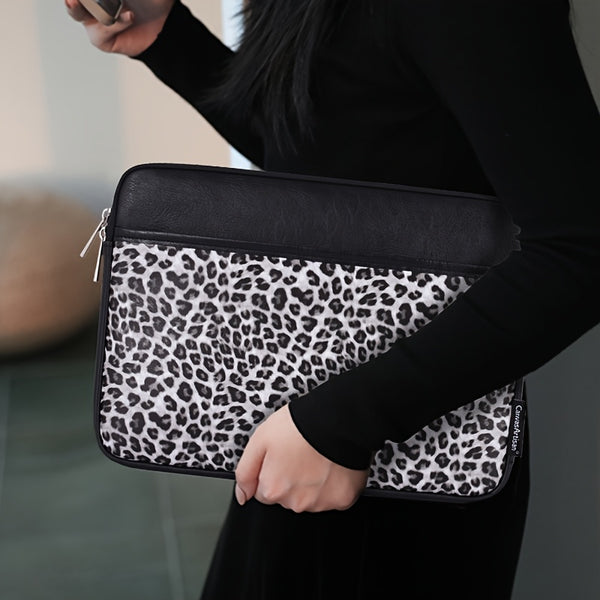 CanvasArtisan PU Shockproof Laptop Sleeve - Slim, Black & White Leopard Print Design, Durable Synthetic Faux Leather Case for MacBook Air & Pro 39.12-41.15 cm, MacBook Sleeve | Leopard Print Sleeve | Durable Laptop Bag, Lapto