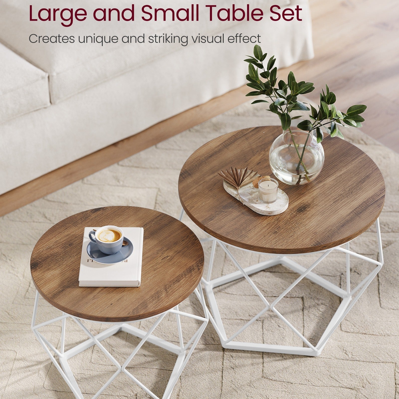 Small Round Coffee Table Set of 2, with Steel Frame, for Living Room, Bedroom, Office