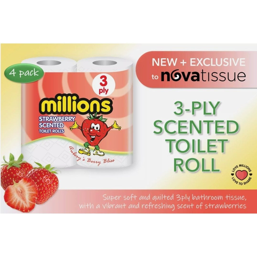 Millions Toilet Roll 3ply Strawberry Scented Soft Quilted Luxury Tissue Paper Strong & soft 40 Rolls