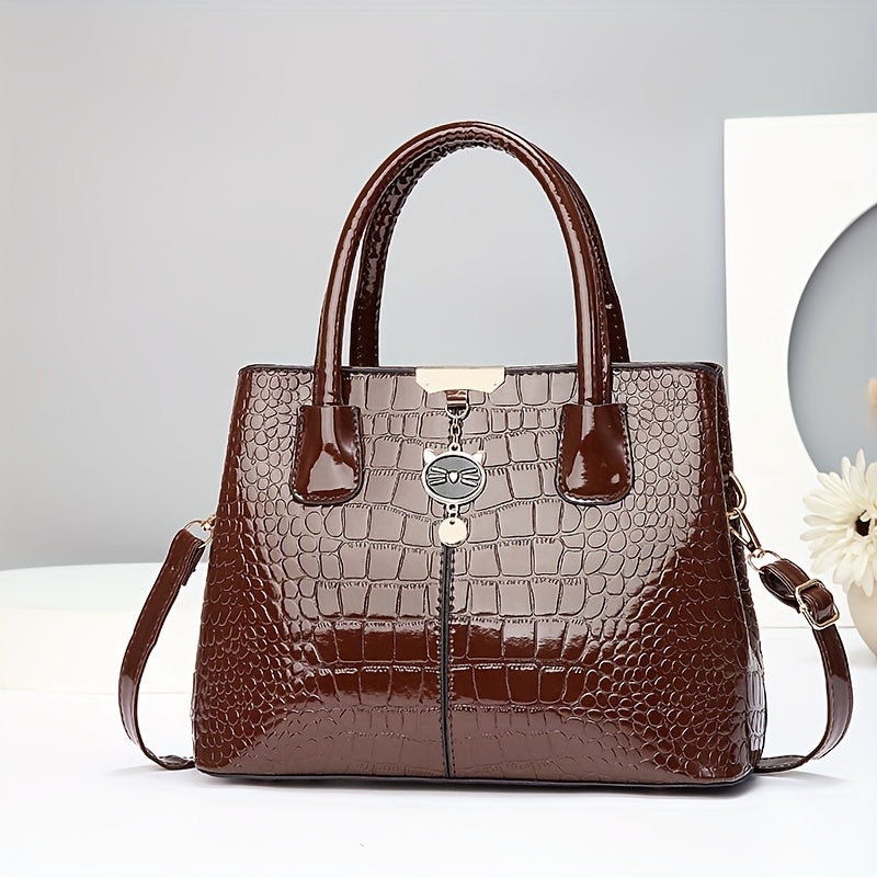 New Fashionable Handbag for Family, Large Capacity Crocodile Pattern Shoulder Bag, Perfect Gift for Middle-Aged Mothers