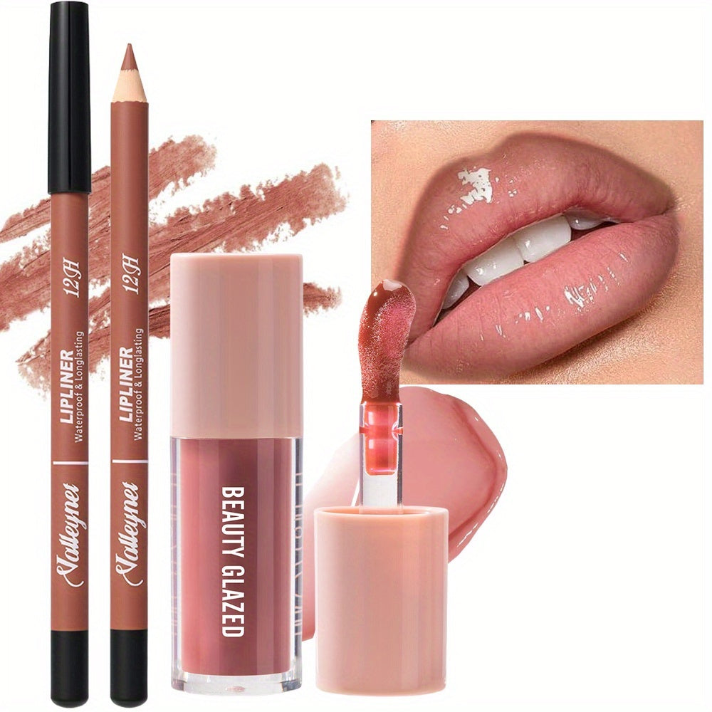 2-Pack Waterproof Lip Liner & Gloss Set/Long-Lasting Matte Lip Makeup Combo/Moisturizing Lip Liner & Lip Glaze (Brown, Pink, Red)/for Beige Types, Nude & Berry Tones/Smudge-Proof Lipstick Duo/Lip Products/Lipstick For Women/L