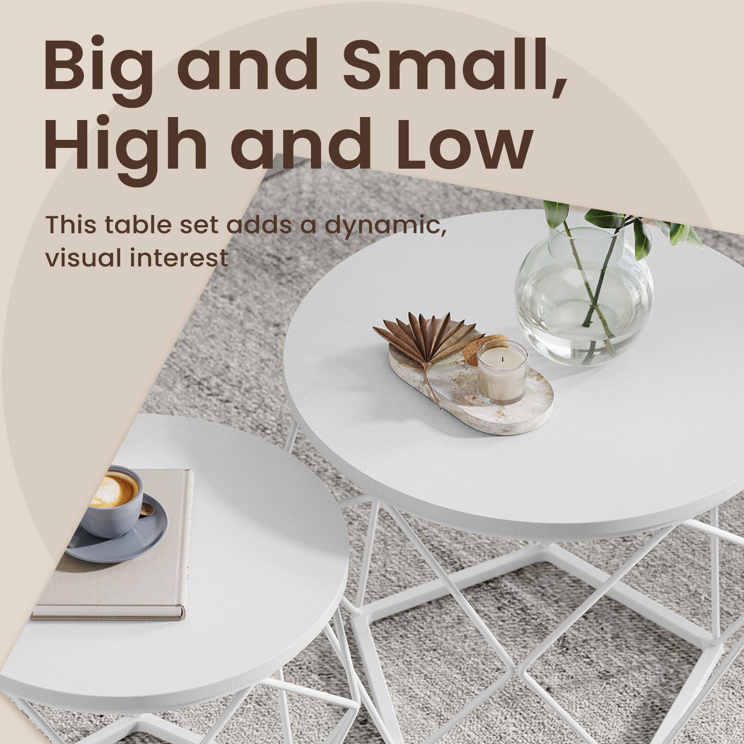 Small Round Coffee Table Set of 2, with Steel Frame, for Living Room, Bedroom, Office