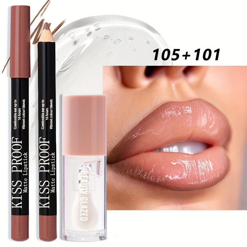 2pack BEAUTY GLAZED Waterproof Lip Liner & Lip Glaze Set - Long-Lasting Matte Lip Makeup Combo, Nude Brown/Pink/Deep Red Shades, Moisturizing Lip Pencil & Glossy-Free Lipstick for All Beige Types, All-Day Wear for Sensitive L