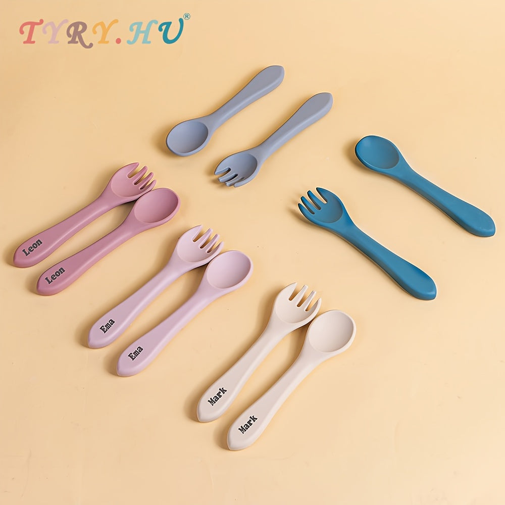 TYRY.HU Customizable Baby Fork and Scoop Sets, 100% Silicone, BPA FREE, Toddler Baby Led Weaning Silverware Cutlery Flatware, Kids First Self Feeding, with Blue, Beige, Space Gray, Deep Pink, Green and Pink Options, for Newbo