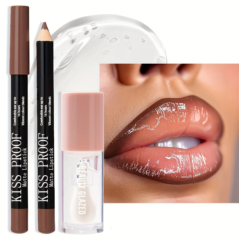2pack BEAUTY GLAZED Waterproof Lip Liner & Lip Glaze Set - Long-Lasting Matte Lip Makeup Combo, Nude Brown/Pink/Deep Red Shades, Moisturizing Lip Pencil & Glossy-Free Lipstick for All Beige Types, All-Day Wear for Sensitive L