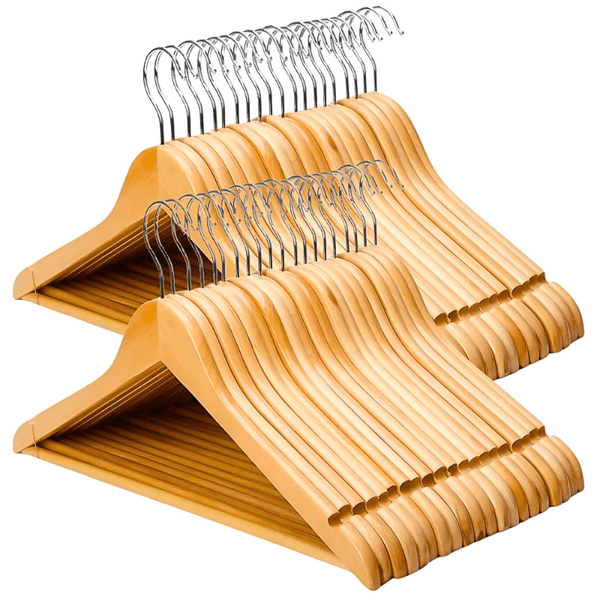 40-Pack Wooden Coat Hangers, Strong Hangers, Heavy Duty Hardwood Hangers, 360° Swivel Hook, Shoulder Notches for Camisoles, Trouser Bar, for Coats, Jackets, Suits, Trousers
