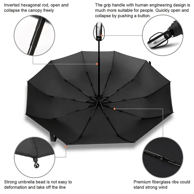 Windproof Automatic Oversized Folding Umbrella – 10-Rib Strong Frame, Sun Protection, Professional Unisex Business & Golf Umbrella