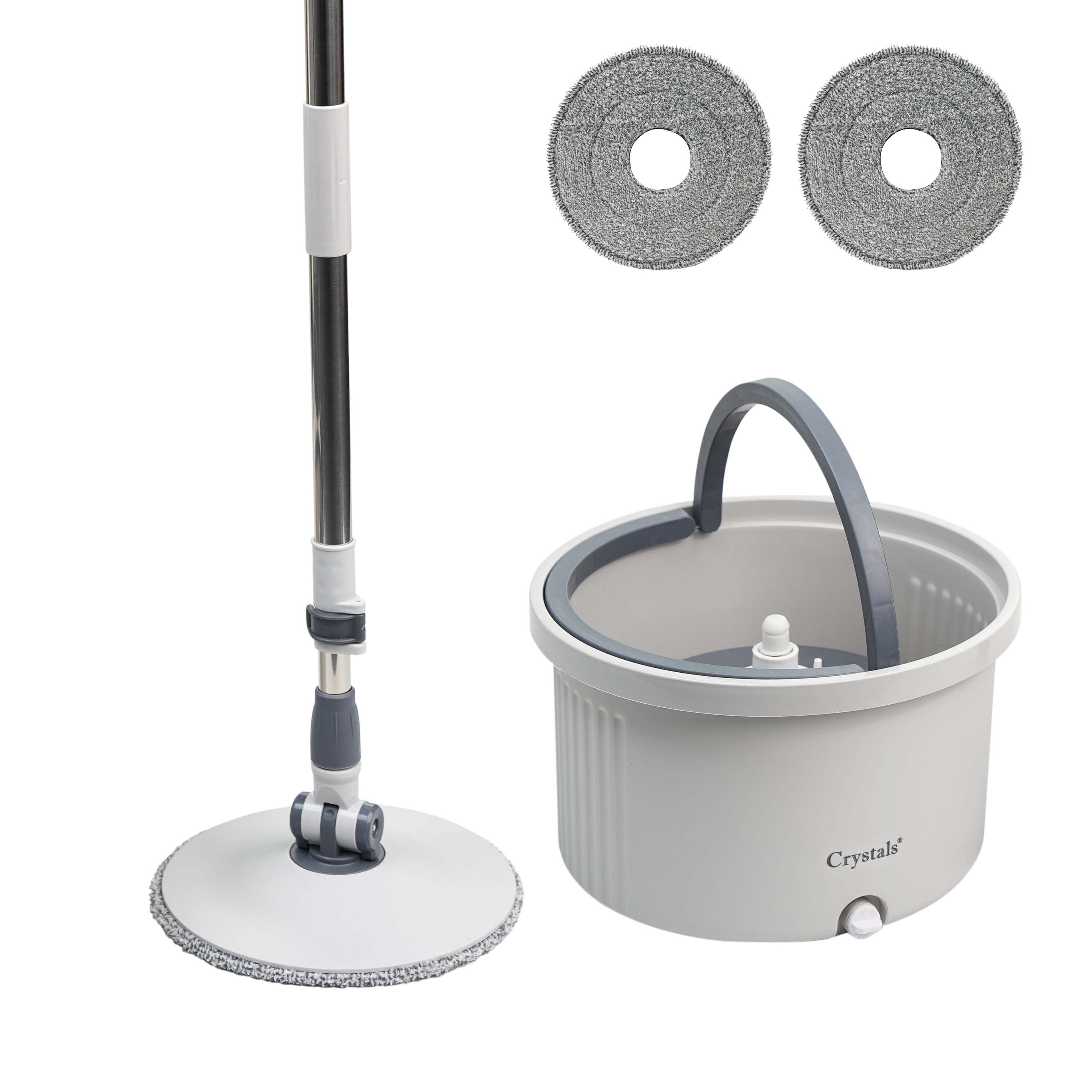 Spin Mop and Bucket Set for Floor Cleaning – Compact Cleaning System with 360° Rotating Head, 2 Refill Microfibre Pads, Squeeze Wringer Washing Dry Mop Set (Round Mop & Bucket with 2 Pads)