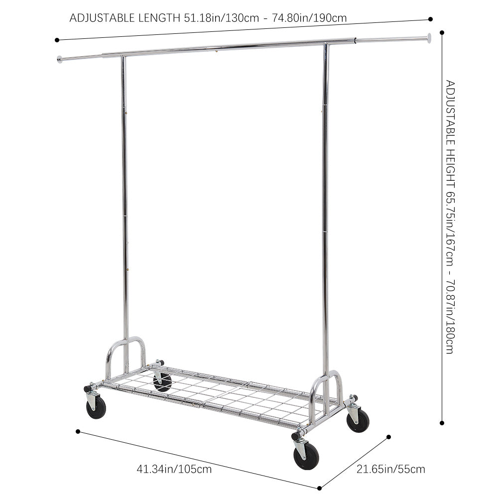 Mobile Metal Clothes Rail, Heavy Duty Clothing Rack with Extendable Rail, Single Rod Clothes Rail on Wheels, 167-180 cm Height Adjustable Clothes Rack, 130-190cm Adjustable Length Hanging Bar, Carbon Steel Construction, Durab