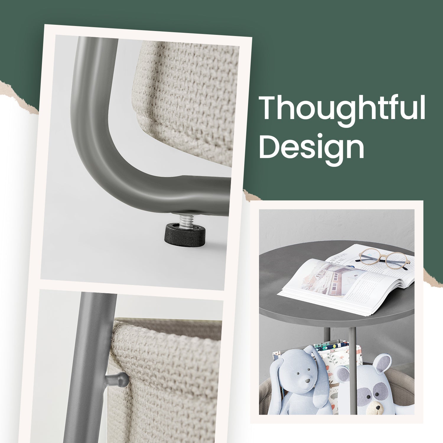 Side Table, Round End Table with Fabric Basket, for Living Room Bedroom, Bedside Table, Modern Style,Cream White,Laurel Green,Jelly Pink,Cement Grey,Ebony Black,Various colors