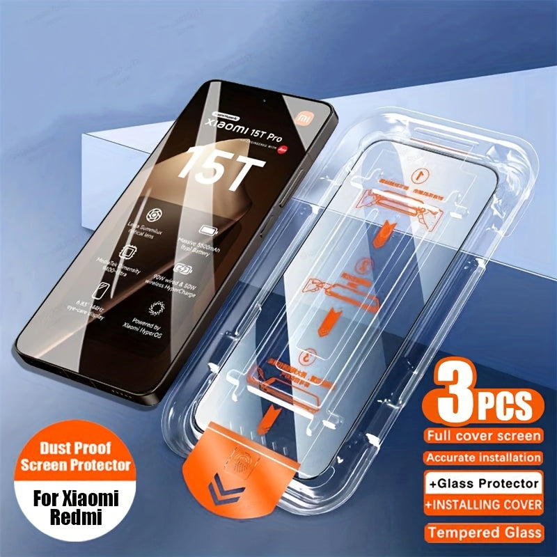 3-Pack Ultra HD Tempered Glass for Xiaomi Mi 15T 14T Pro 15 14 13 13T 12T 11T 11 Lite 5G NE Redmi Note 14 13 Pro 4G 5G 12 11 11S, 9H+ Screen Protector Film, Anti-Scratch, Anti-Fingerprint, Full Coverage, One-Click Film Applic