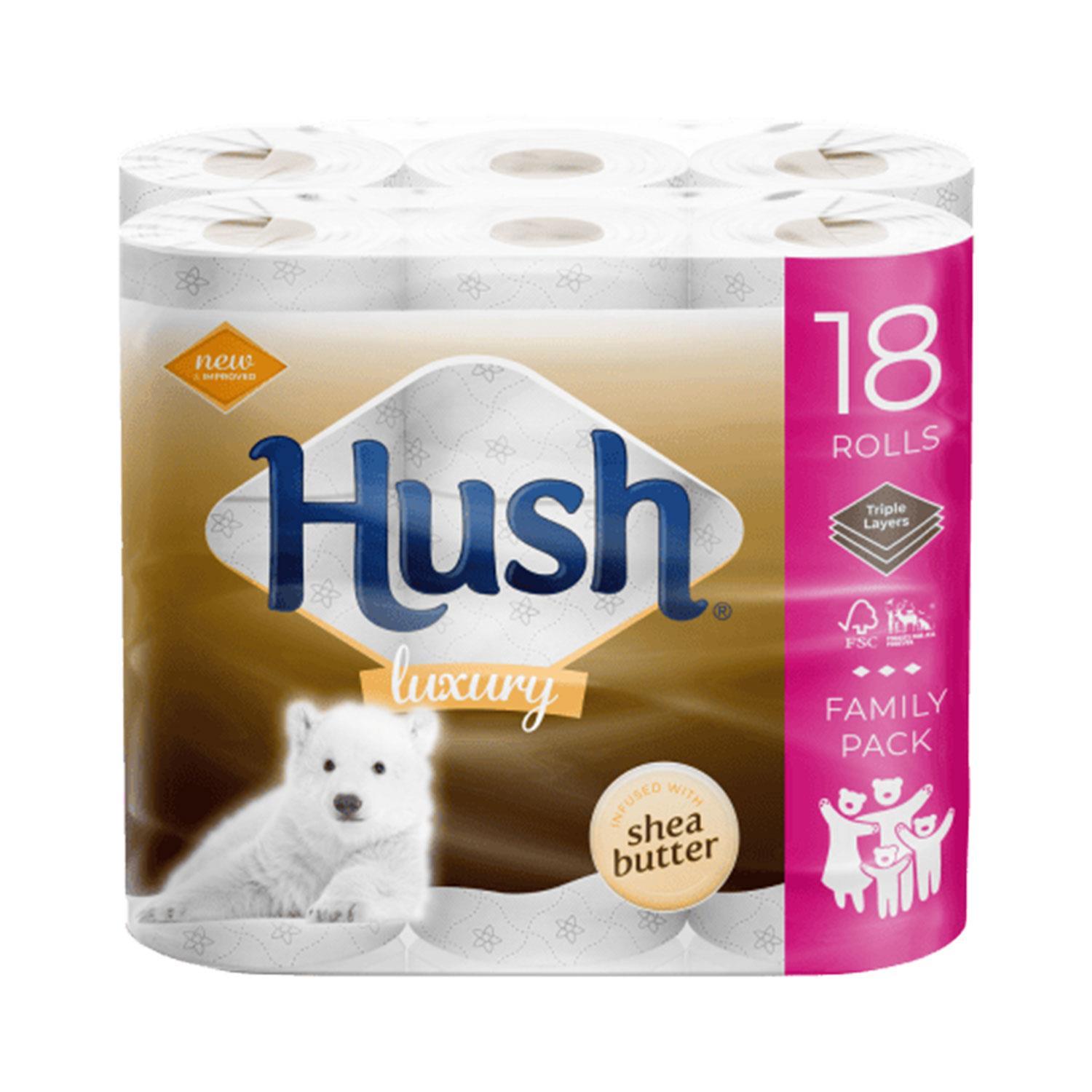 Hush White or Shea Butter Scented Core 3-Ply Luxury Bathroom Tissue, 18 Rolls
