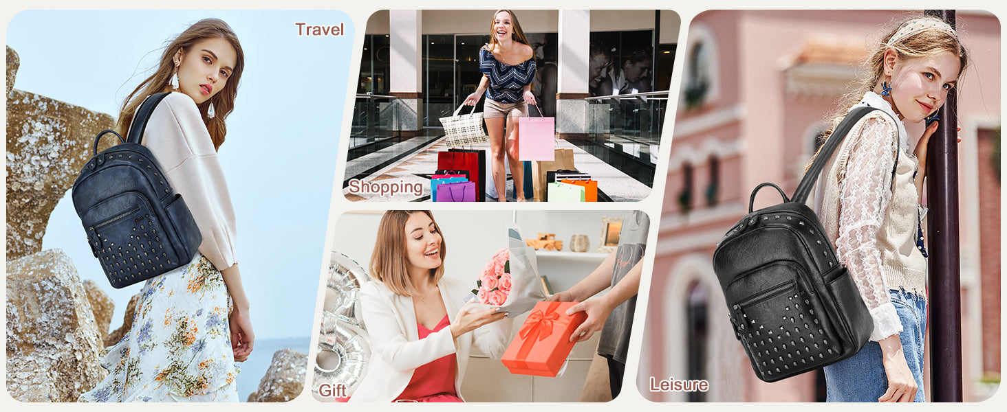 Miss Lulu Skull Rivet PU Leather Casual Daypack,Retro Punk Style Studded Backpack for Women