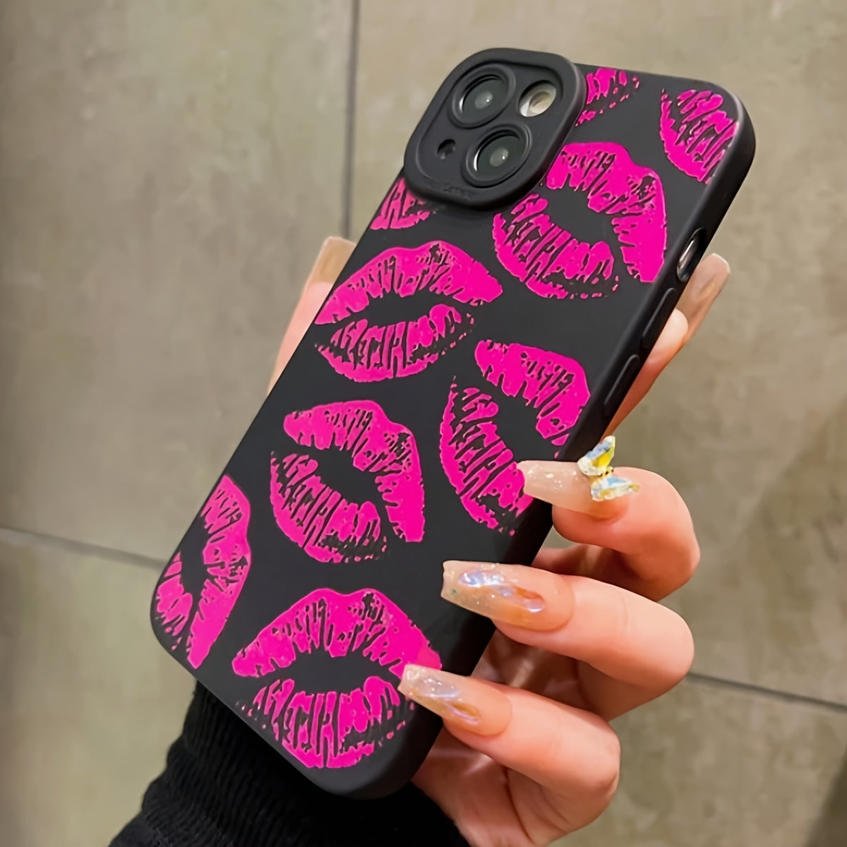 Rose Red Lip Luxury Pattern Black TPU Anti-Fall Mobile Phone Case Suitable for iPhone15 14 13 12 11promax