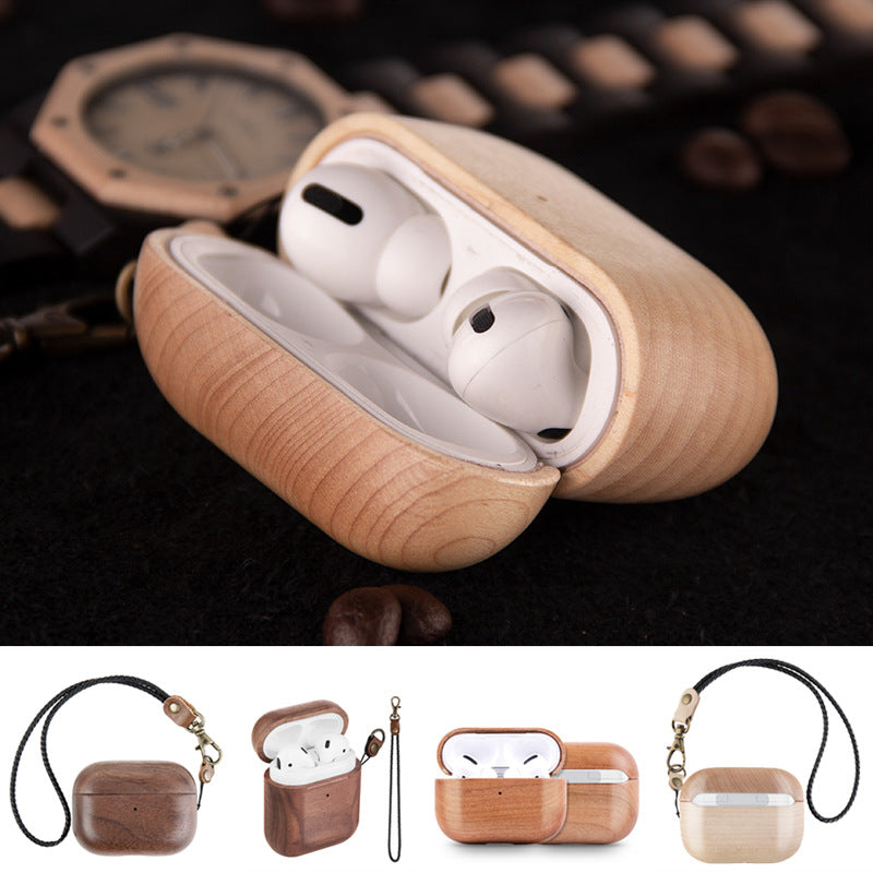 Genuine Real Wood AirPods Pro Rugged Earphone Case: Wooden Wireless Charging Lanyard for Keys