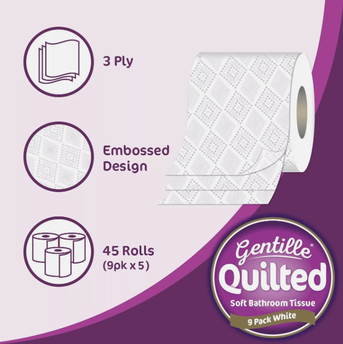 Toilet Tissue 45 rolls. Gentille Quilted Bathroom Tissue Luxury 3-Ply Toilet Paper Soft, Strong, & Responsibly