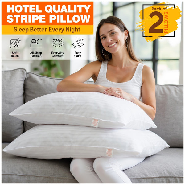 2-Pack Hotel Stripe Pillows | Plush Extra Filled Bed Cushions | Soft, Supportive & Long-Lasting Comfort | Perfect for Bedrooms & Guest Use | UK Local Warehouse