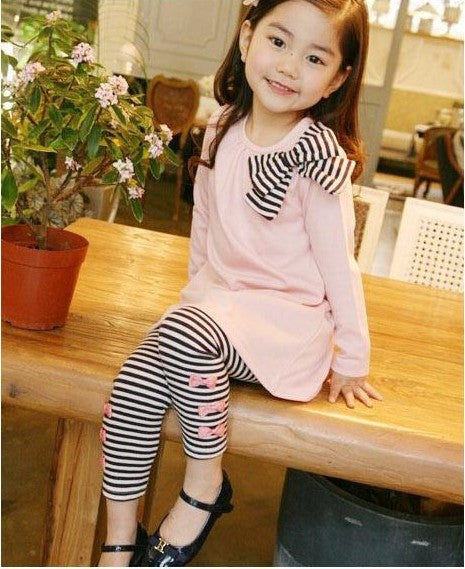 Baby Girl Clothes: Stripe Bowknot Long Sleeve Top and Stripe Pants Set, Solid Cotton T-Shirt Toddler Fall Outfits