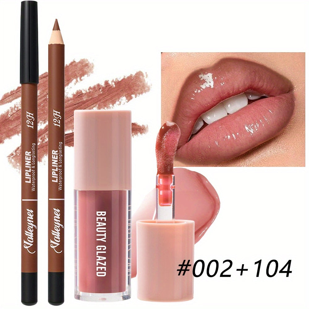 2-Pack Waterproof Lip Liner & Gloss Set/Long-Lasting Matte Lip Makeup Combo/Moisturizing Lip Liner & Lip Glaze (Brown, Pink, Red)/for Beige Types, Nude & Berry Tones/Smudge-Proof Lipstick Duo/Lip Products/Lipstick For Women/L