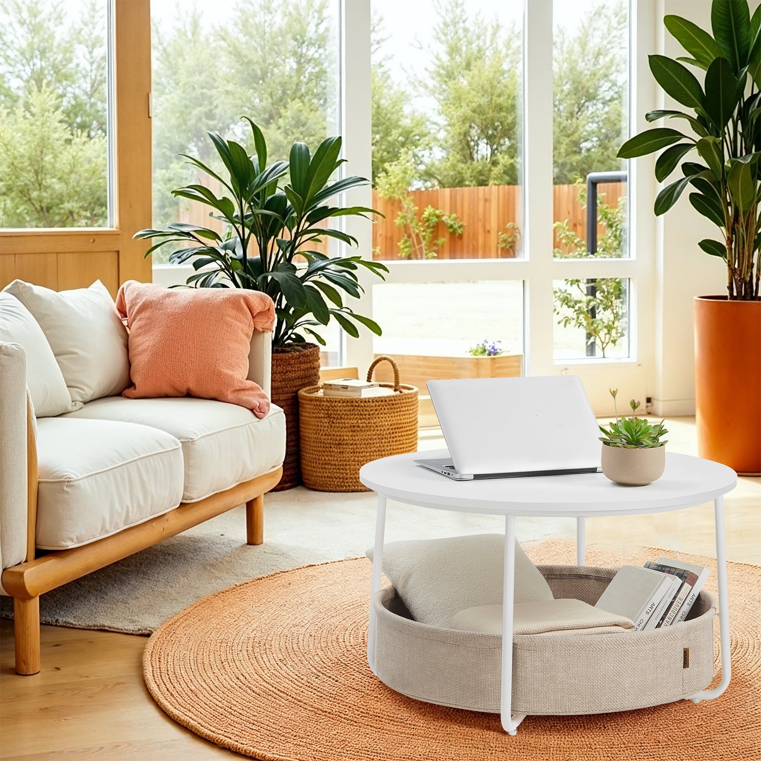 Coffee Table with Storage, Round Center Table with Fabric Basket, Modern Style, White and Brown