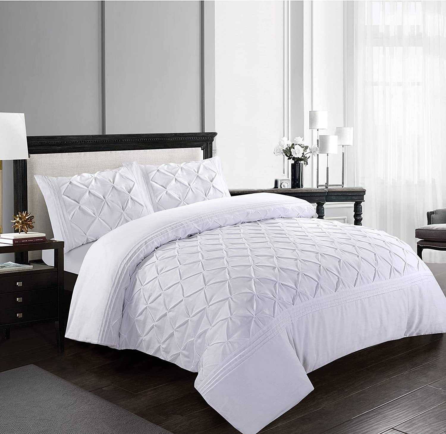 Luxury Pintuck Duvet Cover Set Double King Super King Soft Microfiber Pinch Pleat Bedding Set with Pillowcases White Silver Charcoal Pink