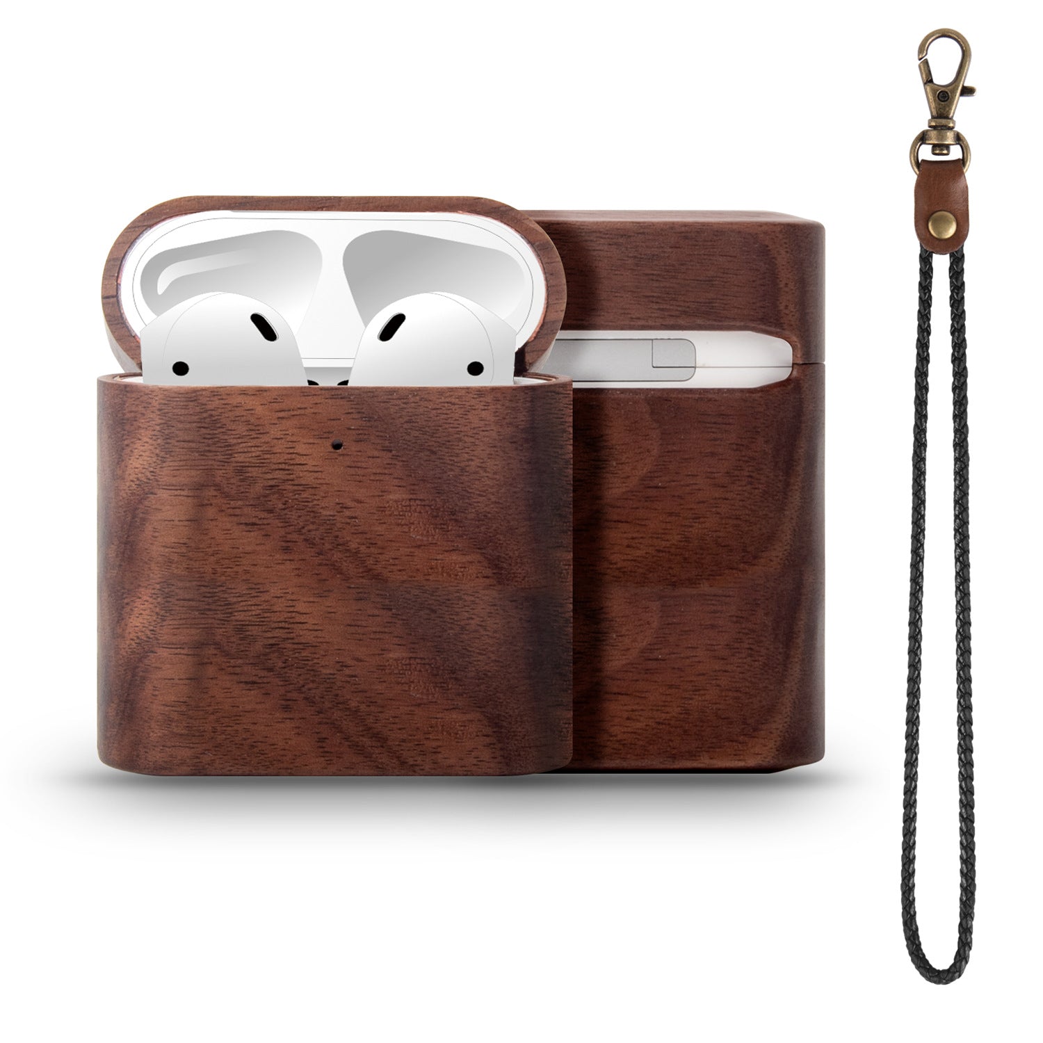 Genuine Real Wood AirPods Pro Rugged Earphone Case: Wooden Wireless Charging Lanyard for Keys