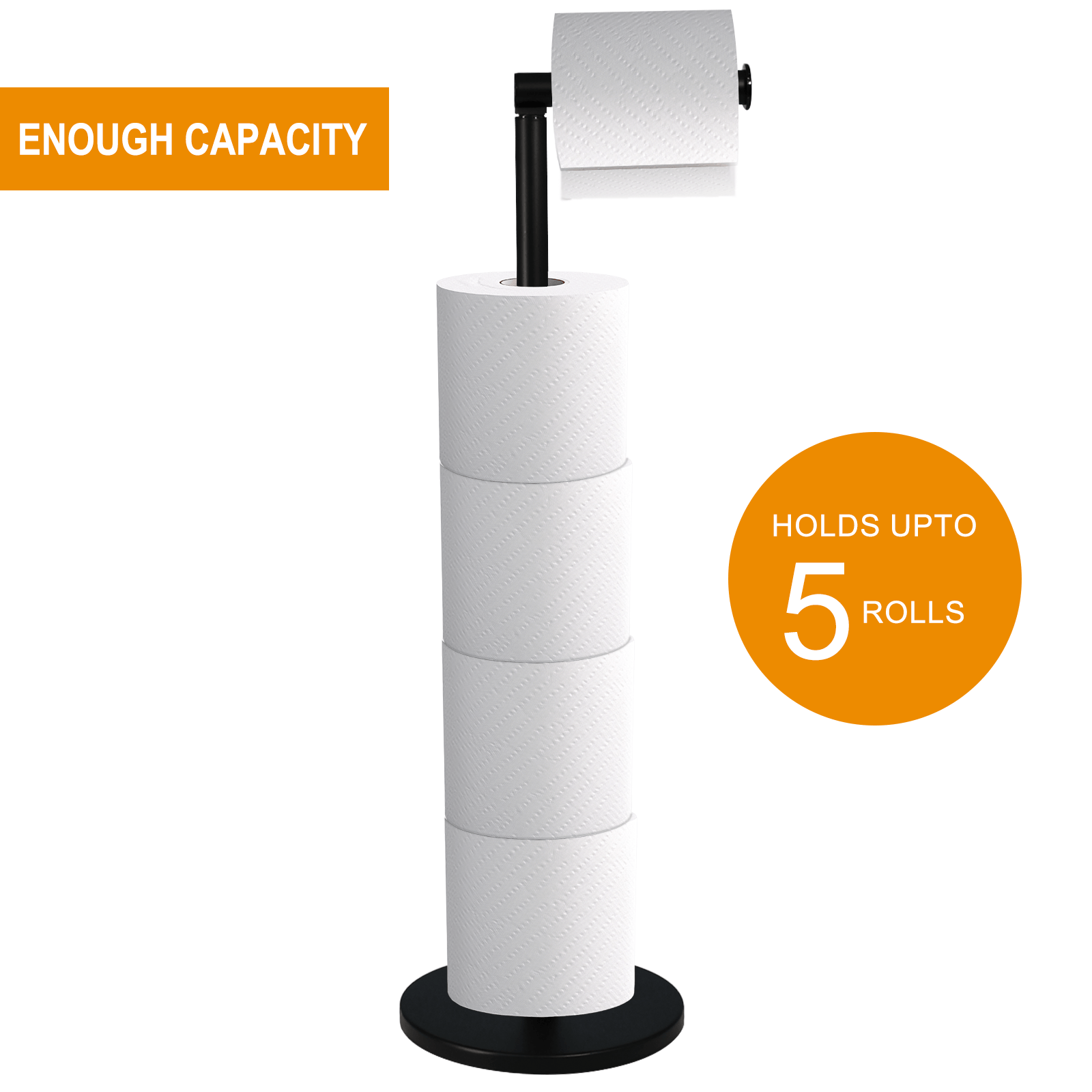 Toilet Roll Holder Free Standing - 2 in 1 Stainless Steel Toilet Paper Holder, Up to 5 Toilet Roll Storage - No Drill Toilet Roll Stand