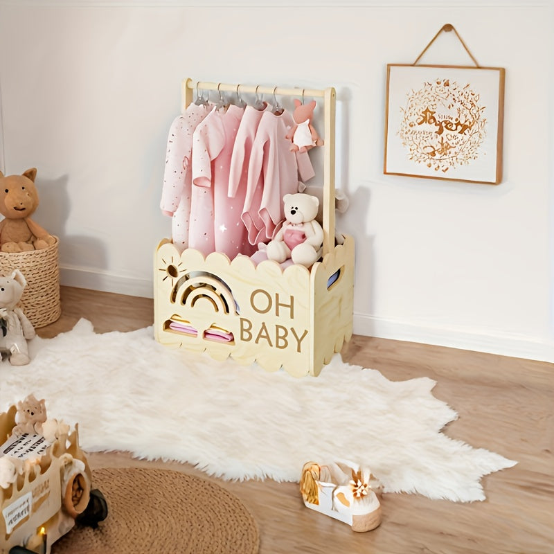 1-Pack Wood Baby Blessing Box - White Keepsake Chest with "Oh Baby" Sign, Sun & Rainbow Cutouts, Leafy Topper & Labeled Hanger Hole for Newborn Showers, Christening Decorations, Gender-Neutral Gift
