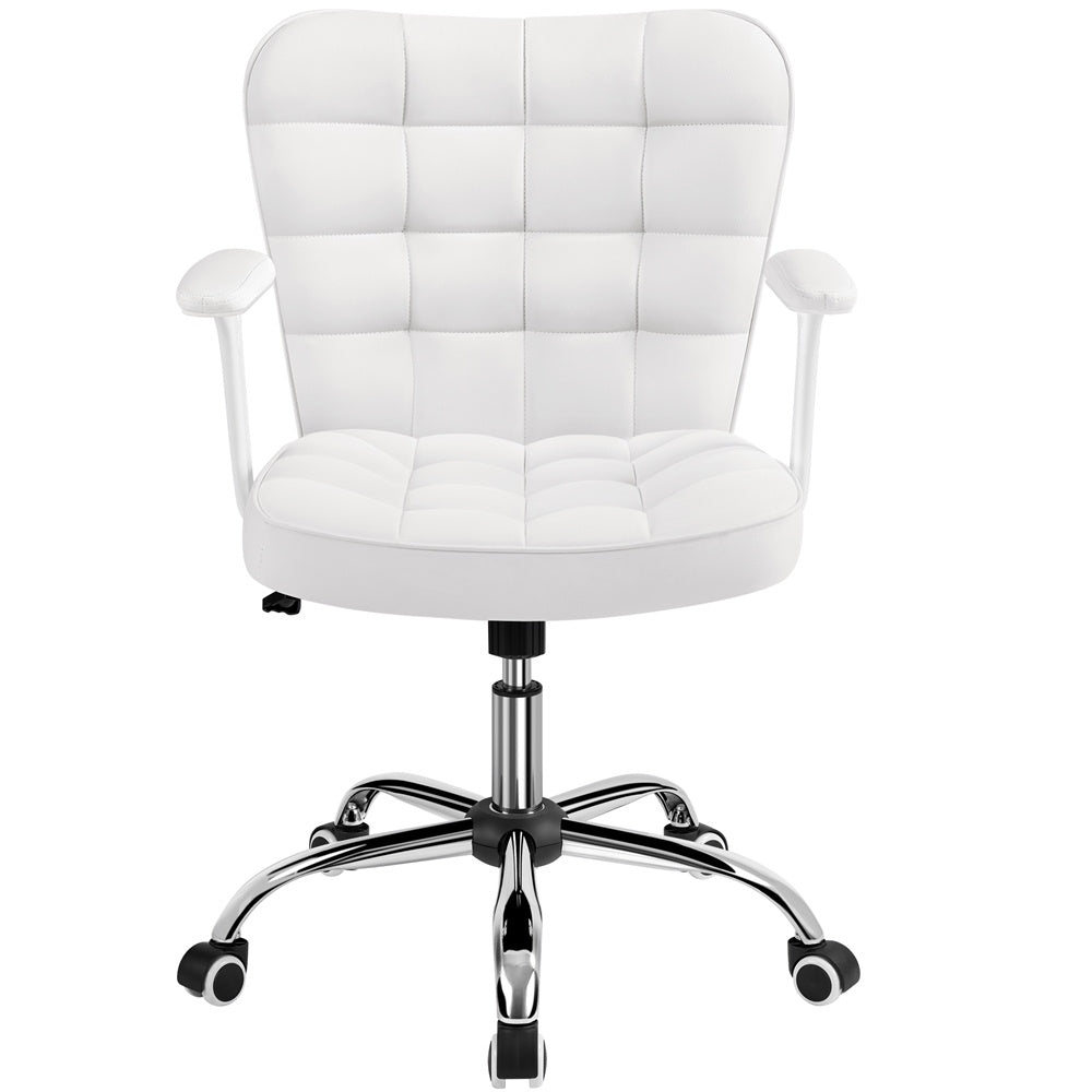 Costoffs Desk Chair, Mid Back PU Leather Office Chair with Padded Arms & Adjustable Seat Height, Modern Faux Leather Swivel Vanity Chair, Upholstered Computer Chair with 360° Swivel Vanity Chair for Home Office Workers, Remo