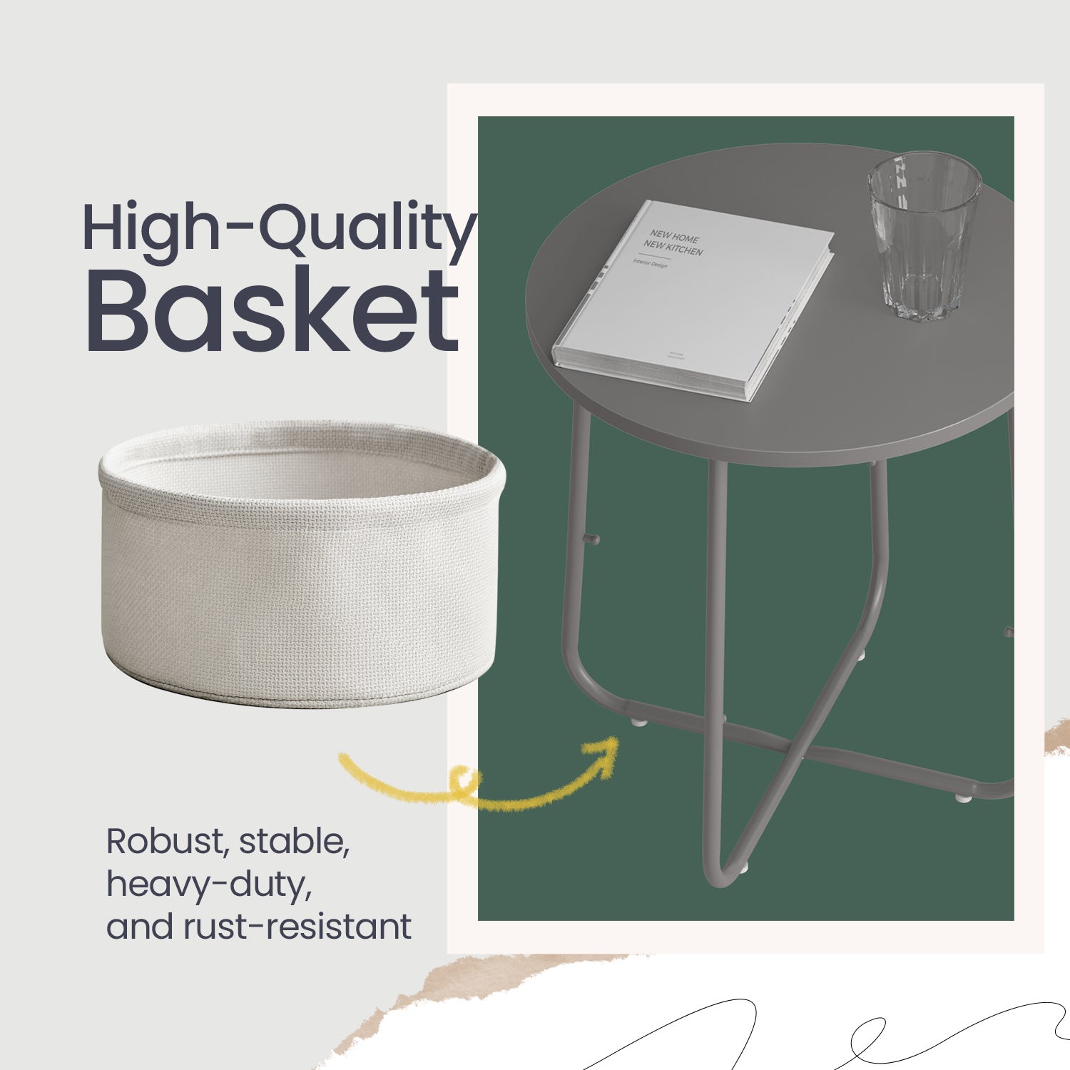 Side Table, Round End Table with Fabric Basket, for Living Room Bedroom, Bedside Table, Modern Style,Cream White,Laurel Green,Jelly Pink,Cement Grey,Ebony Black,Various colors